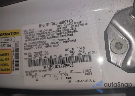 2019 Ford Fusion Se из США, поврежденный, VIN 3FA6P0LU2KR189926